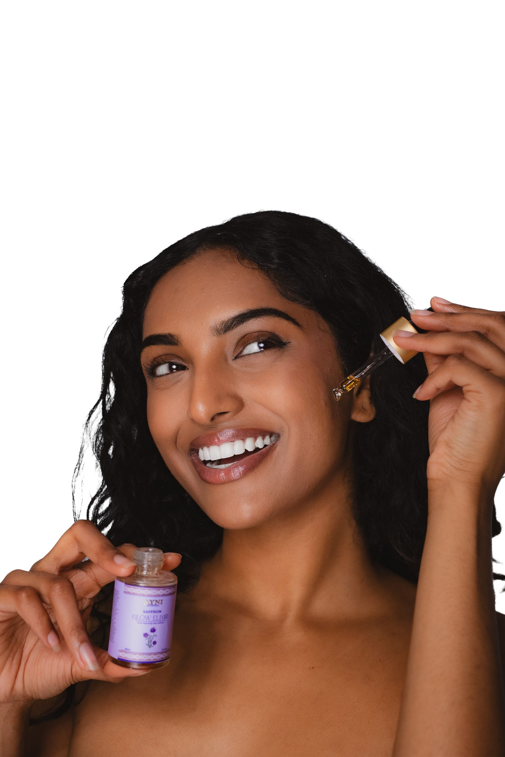 Skincare test shot applying a serum dropper, white background